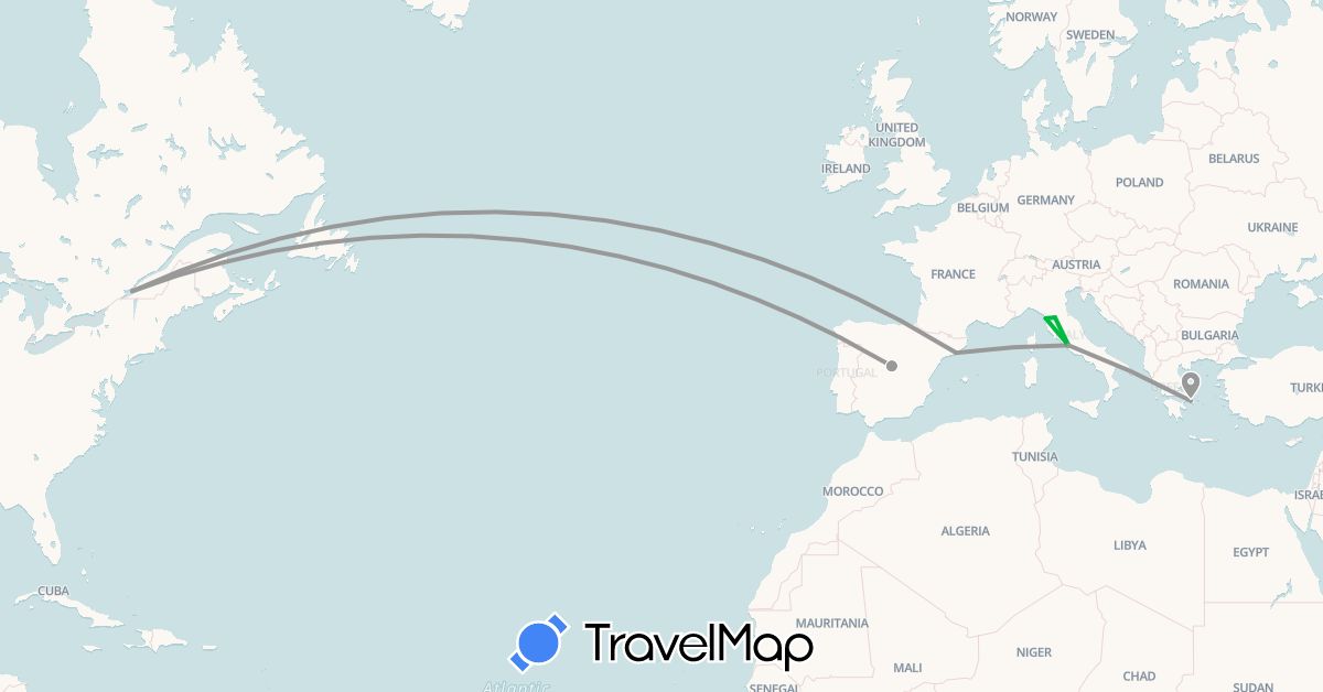 TravelMap itinerary: driving, bus, plane in Canada, Spain, Greece, Italy (Europe, North America)
